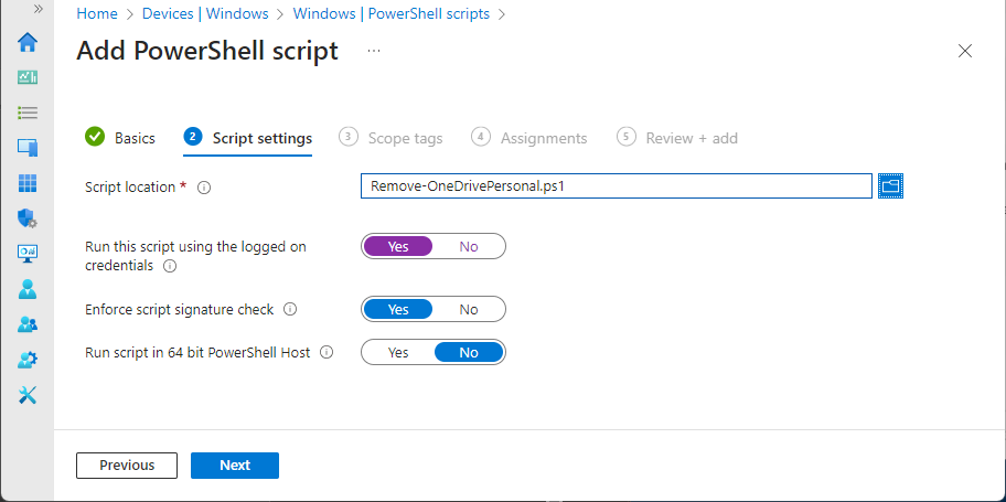 Intune PowerShell script configuration for removing OneDrive Personal from Explorer